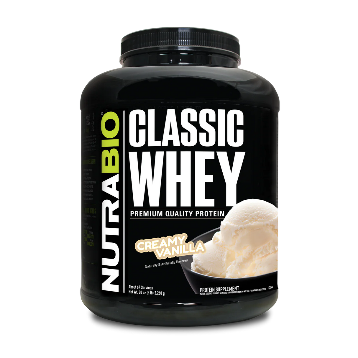 A 5 pound container of NutraBio Classic Whey protein supplement with Creamy Vanilla flavor
