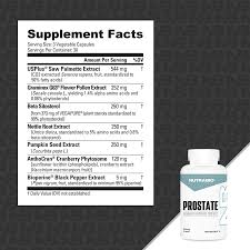 Supplement facts label and bottle of Nutrabio Prostate supplement on a dark background