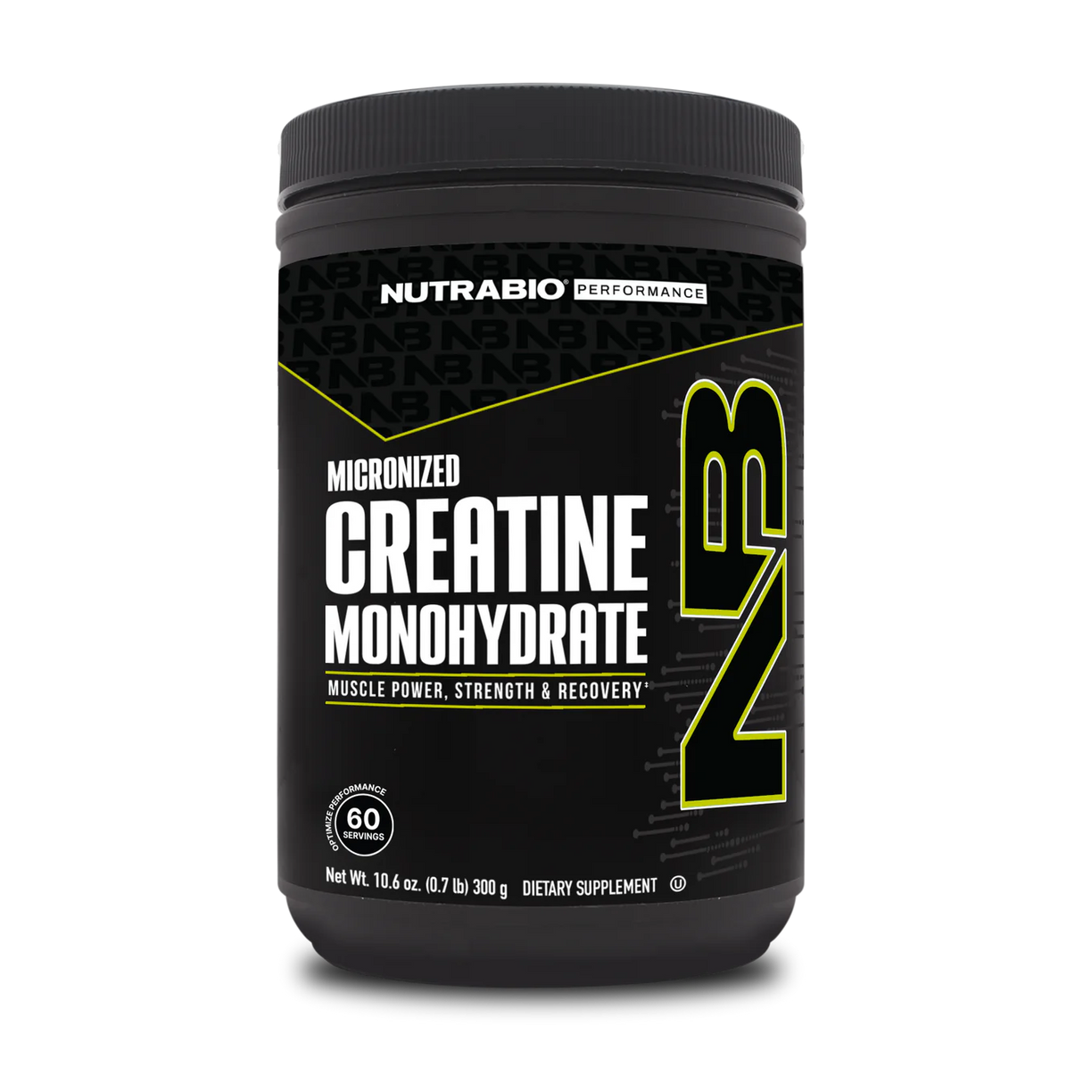 A container of NutraBio Micronized Creatine Monohydrate Unfavored in a 60 serving tub, which is a dietary supplement intended for muscle power and recovery.