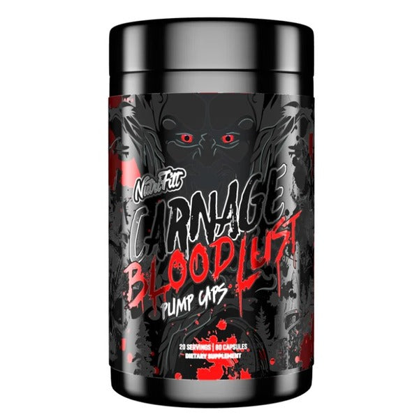 Supplement container labeled 'Carnage Bloodlust' with a black and red design on a white background.