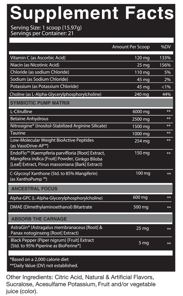 NutriFitt Carnage Non-Stim Pump Nutrition Label