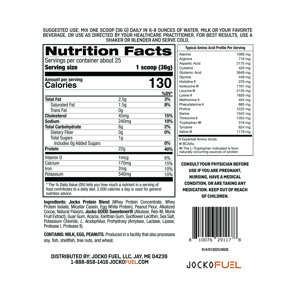 Ingredients and Macros Nutrition Panel for Jocko Fuel Molk Whey Protein Powder Supplement in Chocolate Peanut Butter Flavor