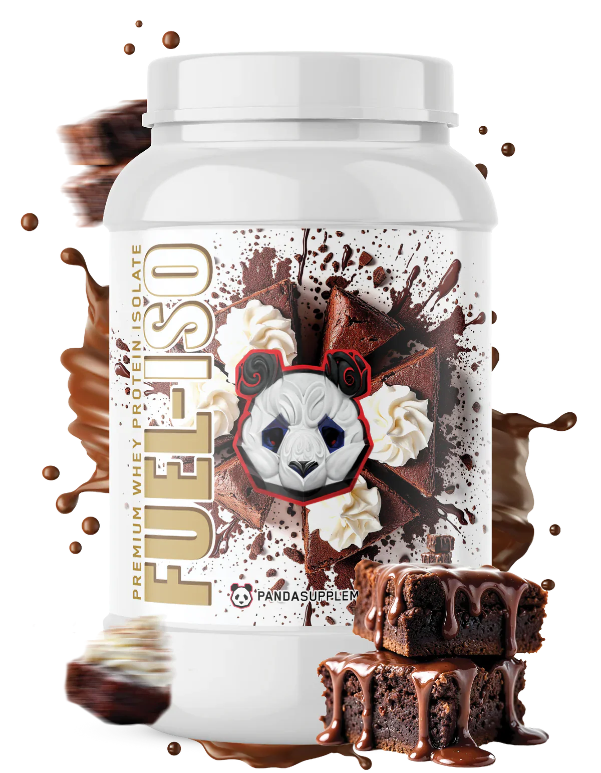 Panda Supplement Whey Protein Isolate supplement container with brownies and a panda logo on a white background