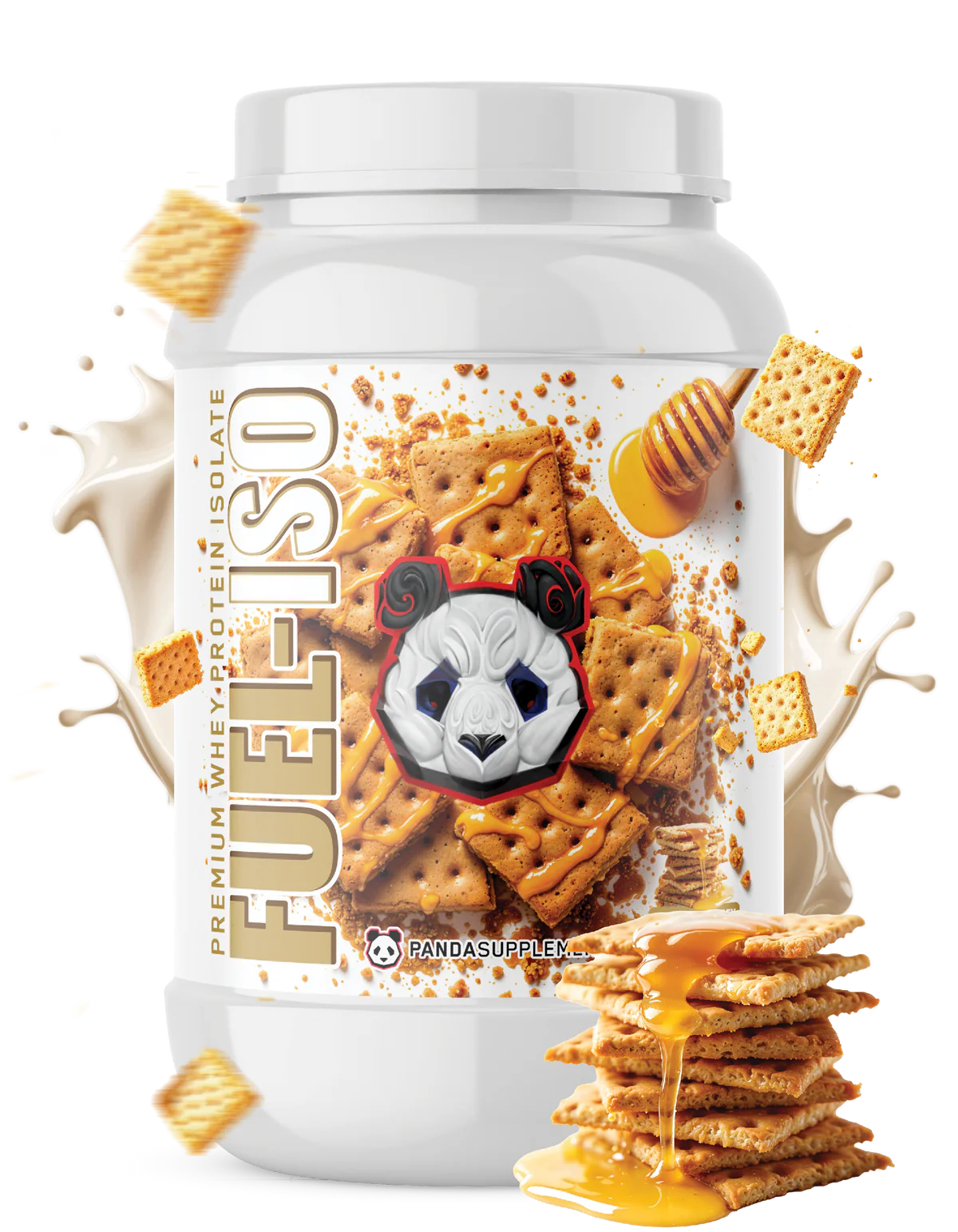 Panda Supplements whey protein isolate supplement container with honey graham crackers on a white background