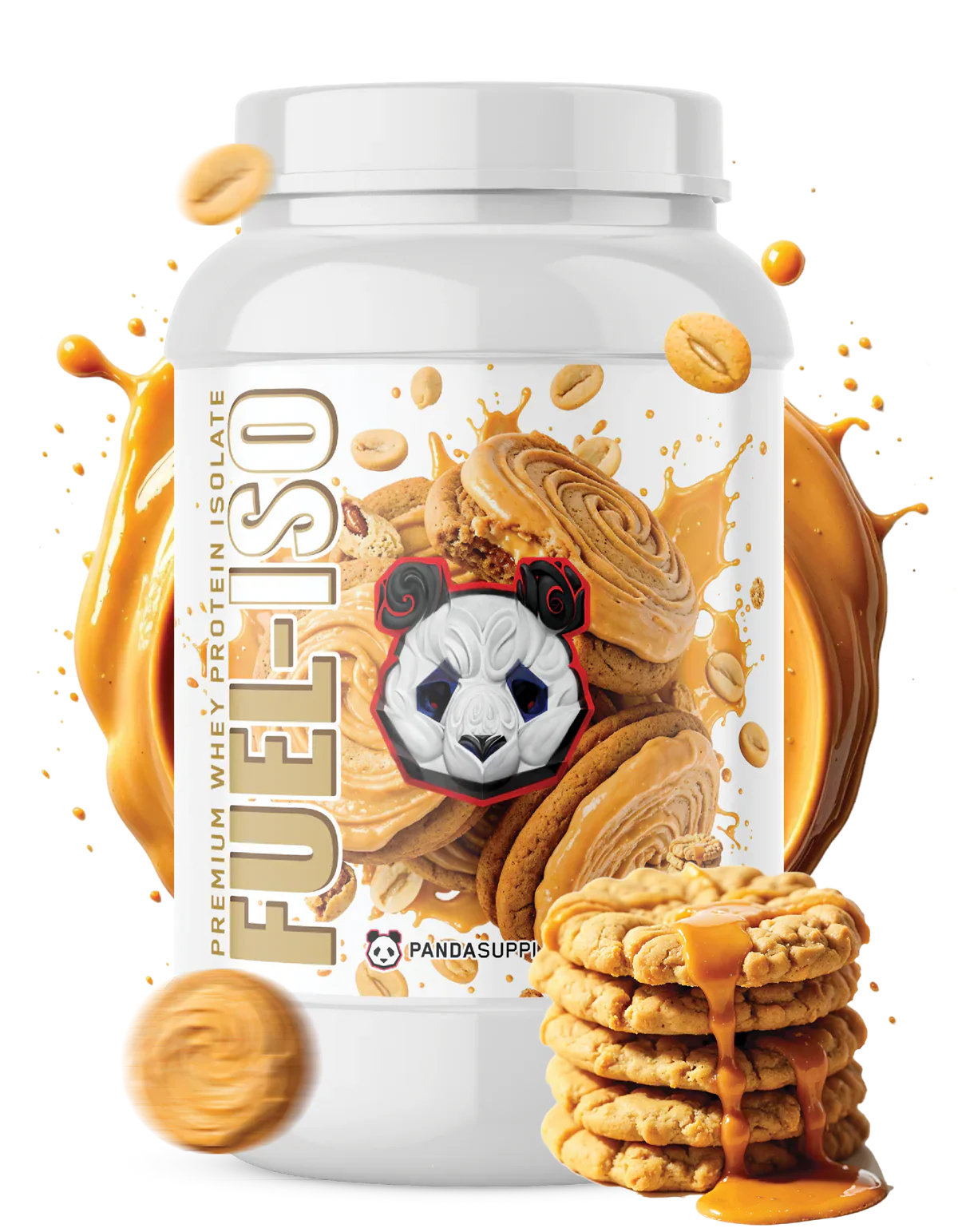 Panda Supplements whey protein isolate supplement with peanut butter cookies on a white background