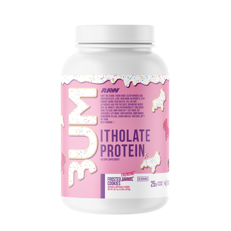 A container of RAW Whey Isolate Protein powder with the flavor CBUM Itholate, Frosted Frenchie Cookies