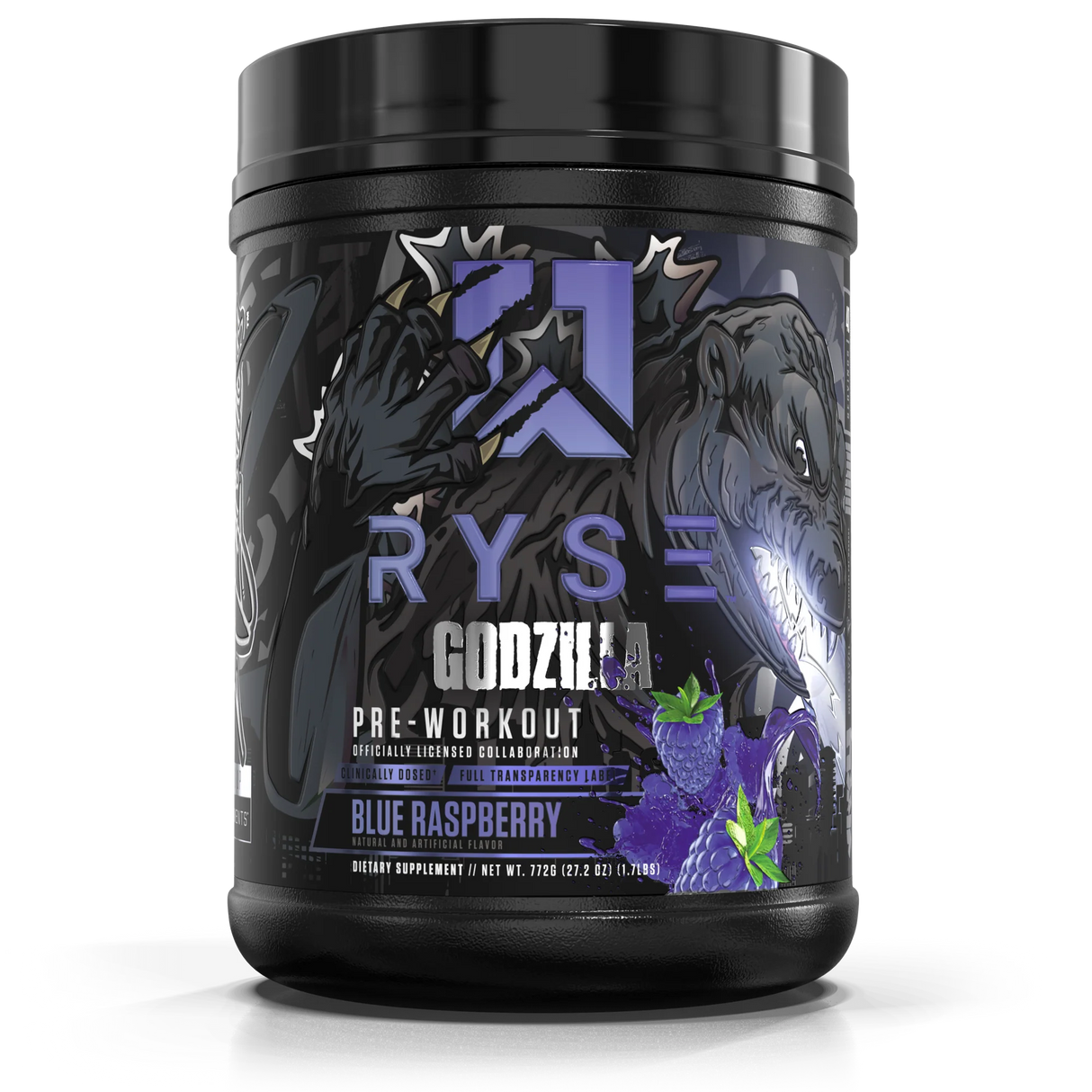 Ryse pre-workout supplement container with graphic design on a white background