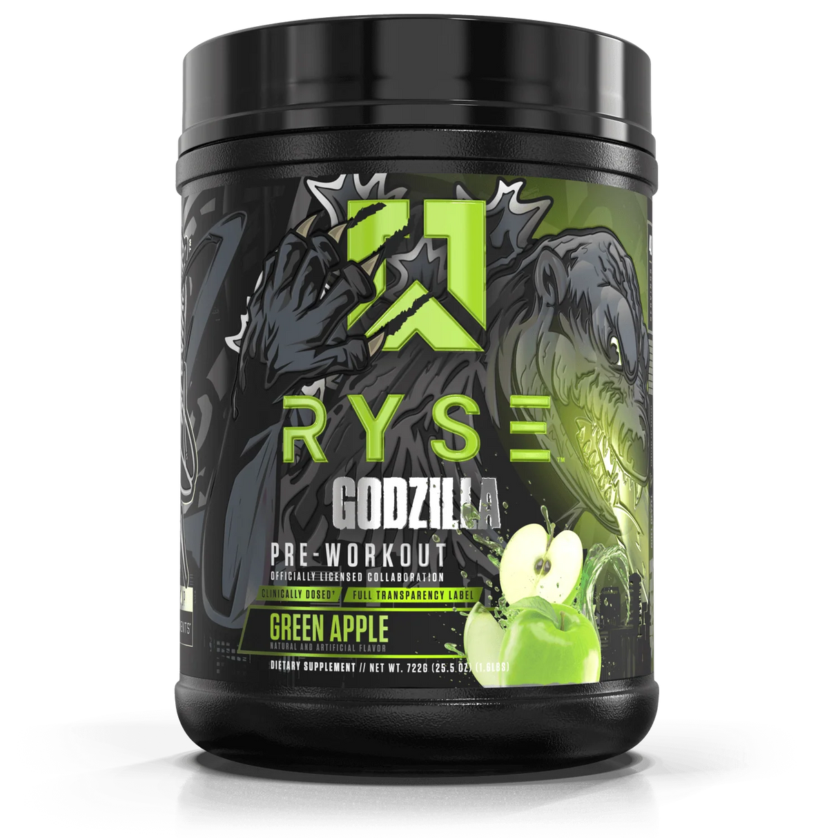 Ryse Godzilla pre-workout supplement container with green apple flavor on a white background