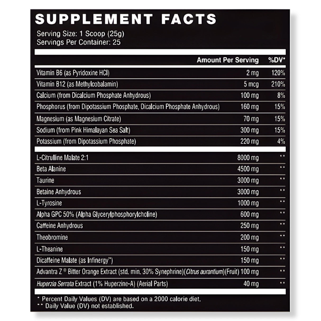 Reckoning XL Extreme Pre Workout Supplement Facts Panel