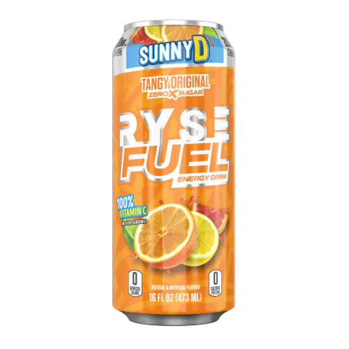 Sunny D Ryse Fuel energy drink can on a white background