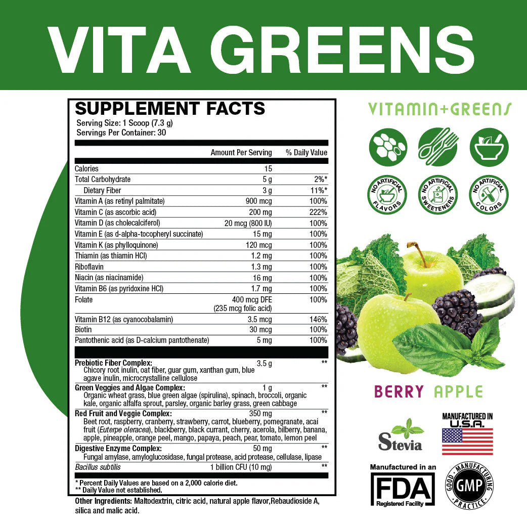 Vita Greens supplement facts label with green background and product imagery.
