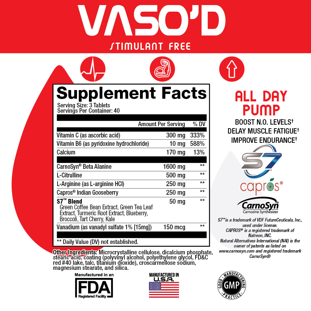 Sweat Ethic Vaso'D Stimulant Free Nitric Oxide Pump Tablets nutrition facts panel