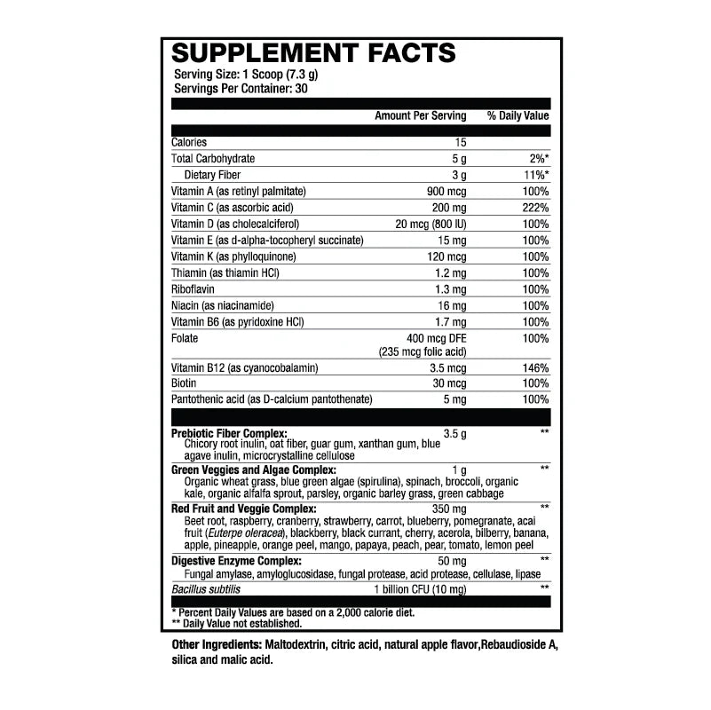 Sweat Ethic Vita Greens Vitamin plus Superfoods Greens Powder Supplement ingredients and facts panel.