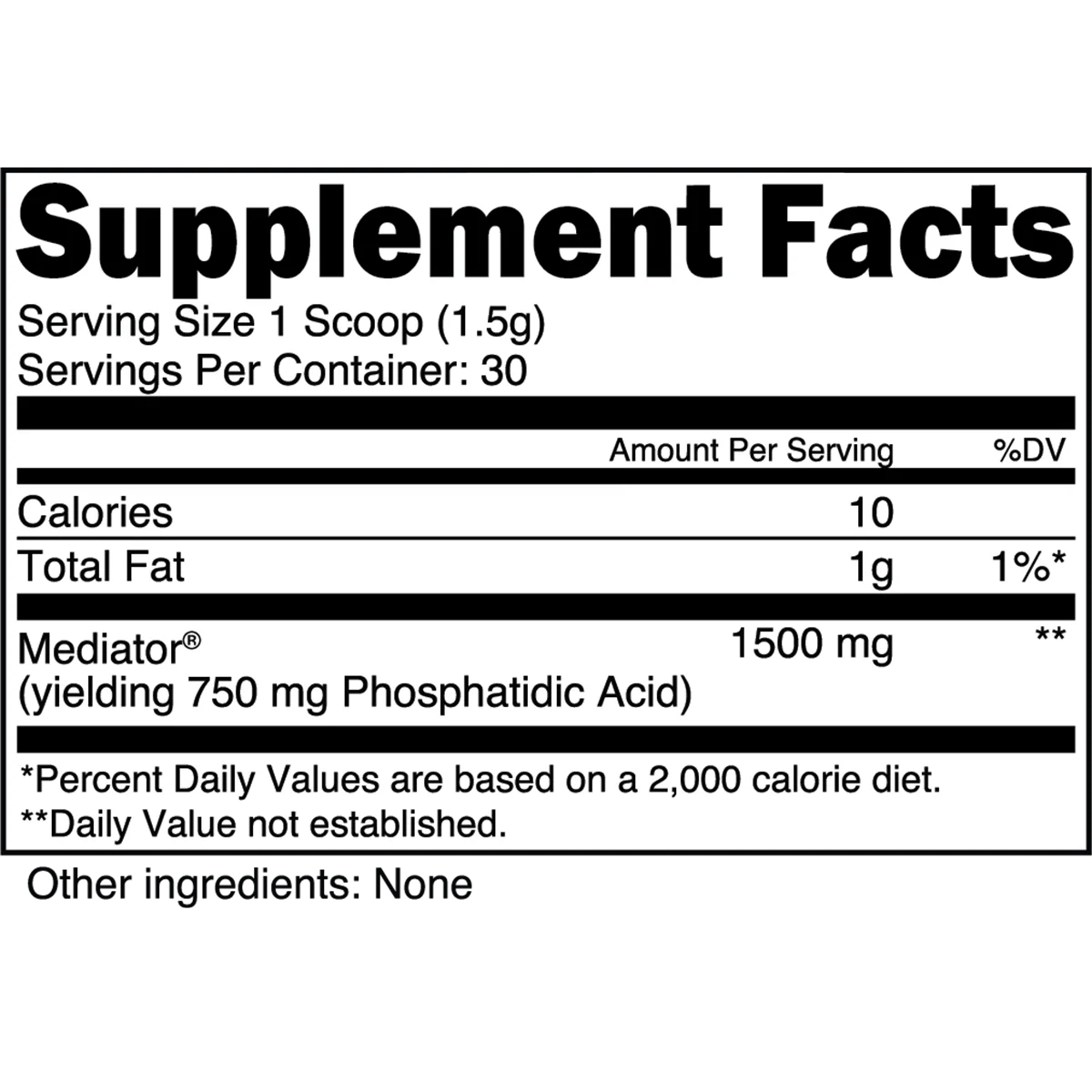 Transparent Labs Growth supplement facts label – one scoop (1.5 g) delivering 1,500 mg Mediator® phosphatidic acid (yielding 750 mg PA); 30 servings per container, 10 calories, 1 g total fat