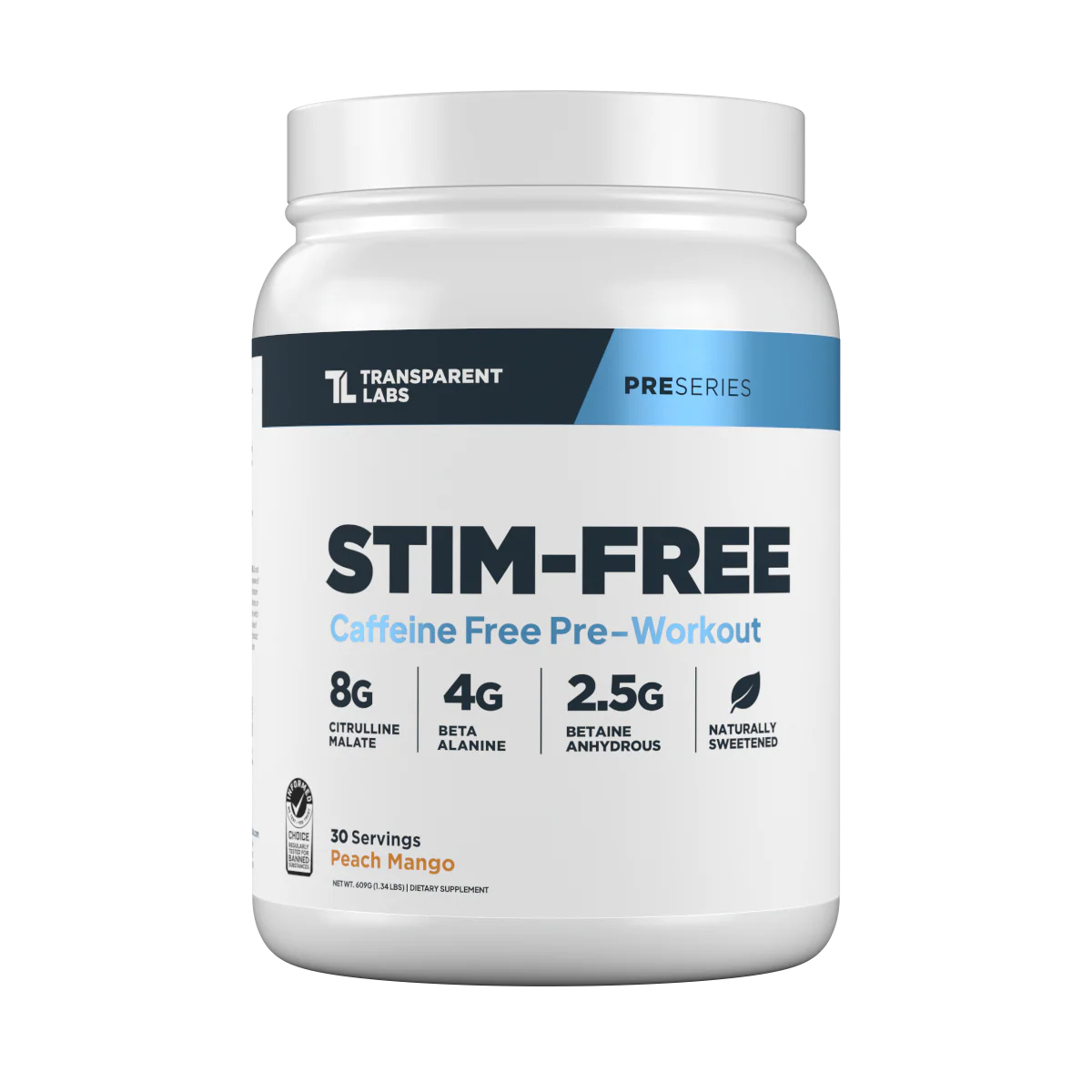Peach Mango Flavored Transparent Labs Stim-Free caffeine free pre-workout supplement container on a white background