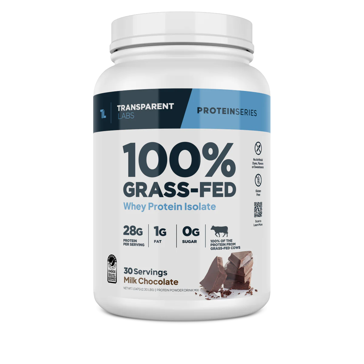 A container of Transparent Labs 100% Grass-Fed Whey Protein Isolate in Milk Chocolate flavor, displaying nutritional information and branding.