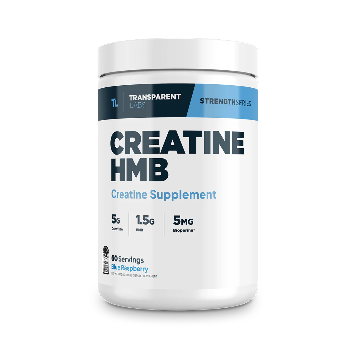 A container of Transparent Labs Creatine HMB Blue Raspberry 60 Servings, which is a creatine supplement.