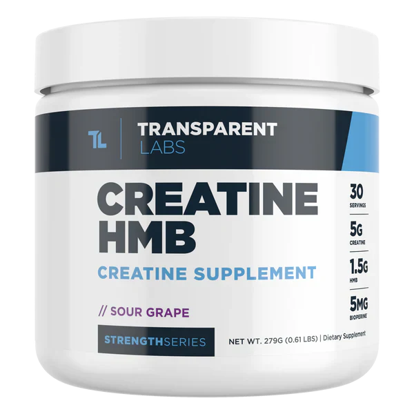 Transparent Labs Creatine HMB Sour Grape 30 servings supplement container on a white background