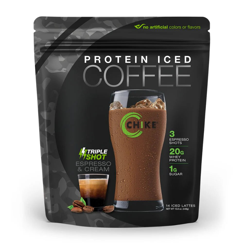 Chike Protein Triple Shot Espresso & Cream Iced Coffee bag with iced coffee glass and whey protein powder
