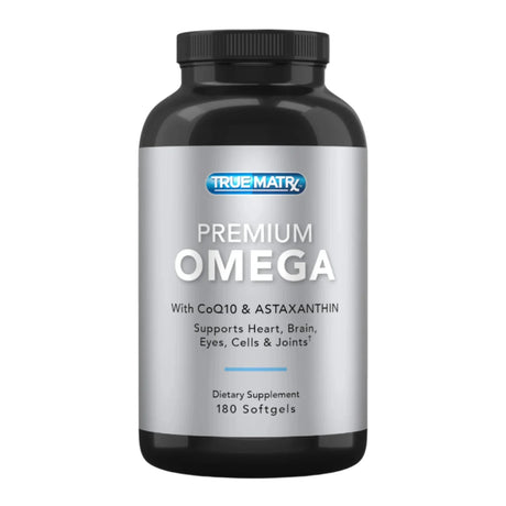 True Matrix Premium Omega 3 supplement bottle on a white background