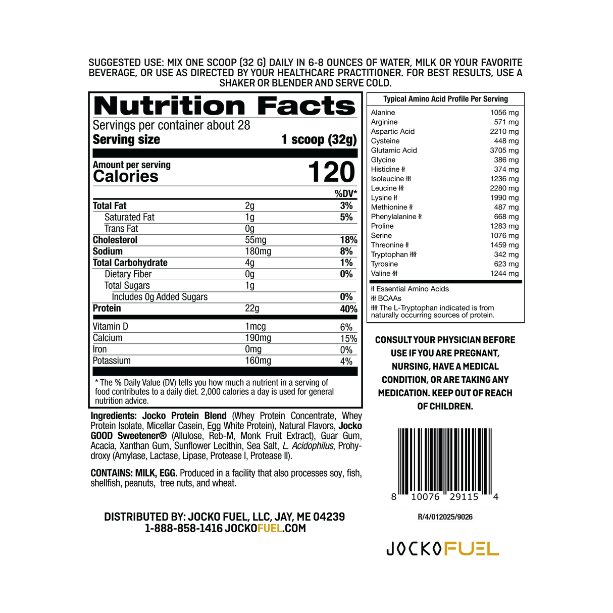 Ingredients and Macros Nutrition Panel for Jocko Fuel Molk Whey Protein Powder Supplement in Vanilla Milkshake Flavor