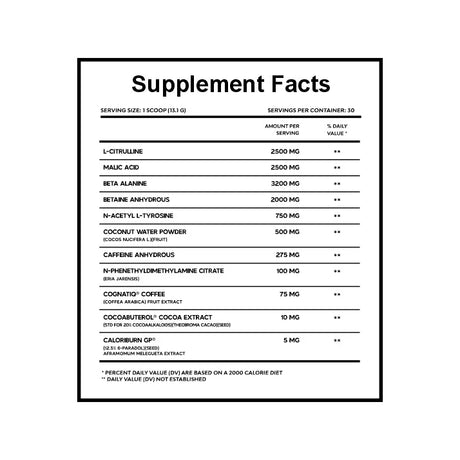 YOLO Shred Darkside supplement facts with citrulline, beta-alanine, betaine, caffeine, & CaloriBurn GP facts and ingredients panel