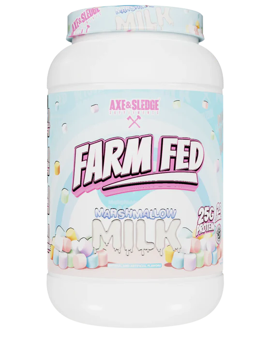 A container of Axe & Sledge Farm Fed Marshmallow Milk whey protein powder.