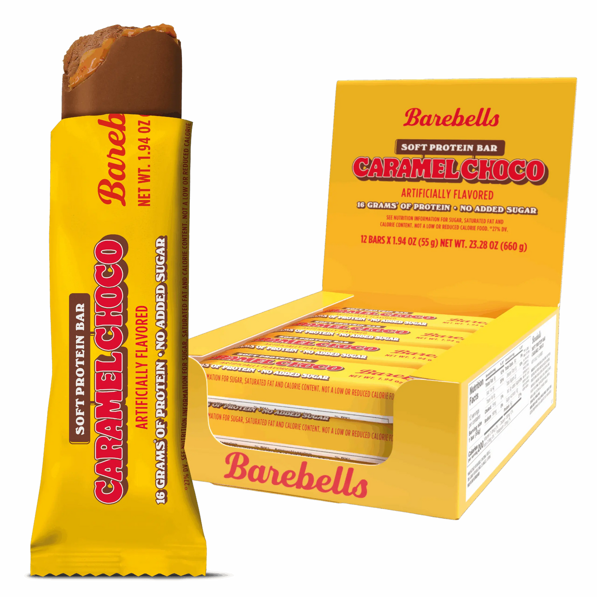 Barebells Caramel Choco protein bar packaging on a white background