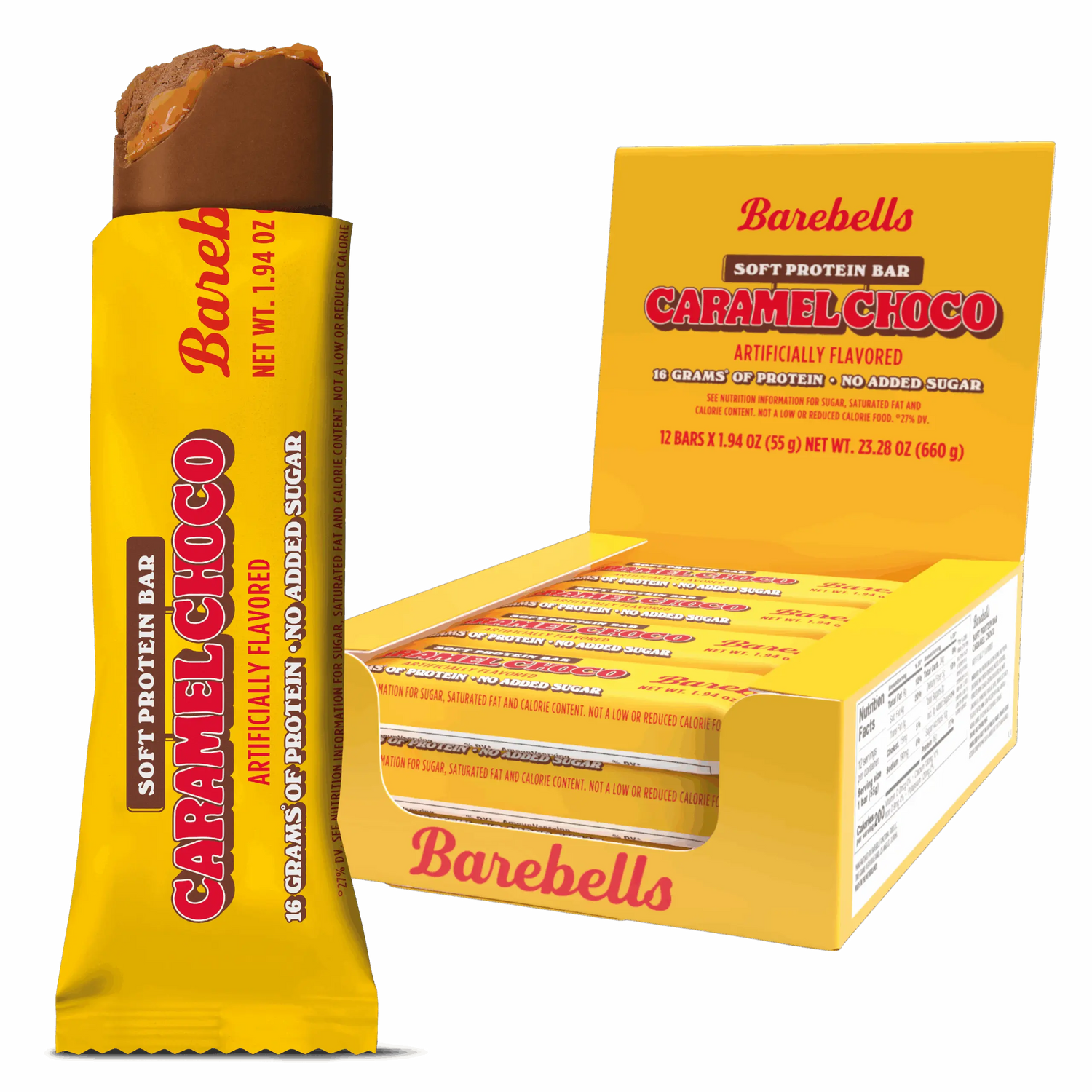 Barebells Caramel Choco protein bar packaging on a white background