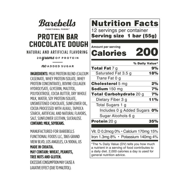 Nutrition label for Barebells Protein Bar in chocolate dough flavor on a white background.