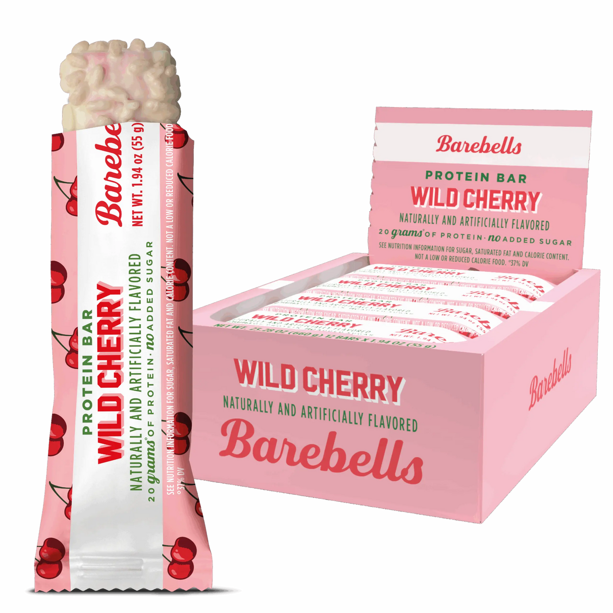 Barebells Wild Cherry protein bar packaging on a white background
