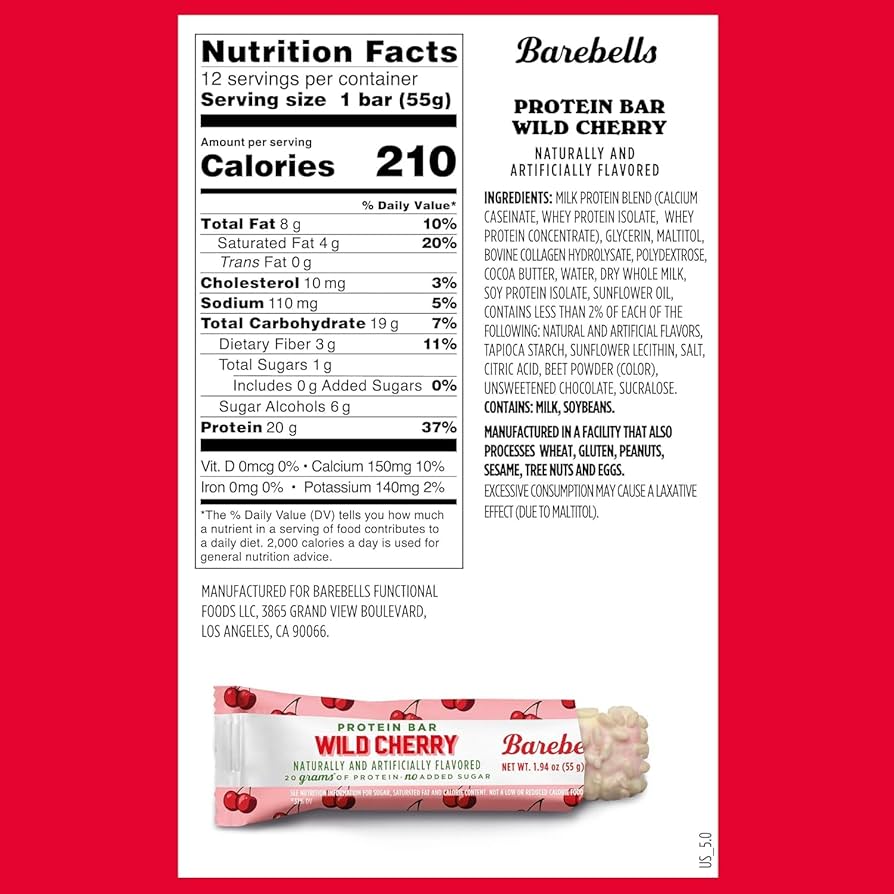 Nutrition facts label and Wild Cherry protein bar on a red background
