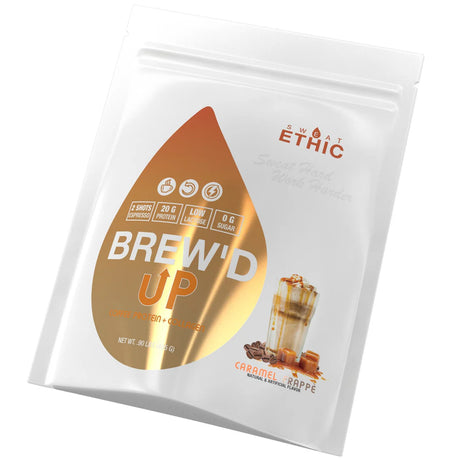Brew’D UP collagen protein coffee – Iced Coffee flavor, 15g whey isolate, 5g collagen, 0g sugar, ~175mg natural caffeine (15 servings)