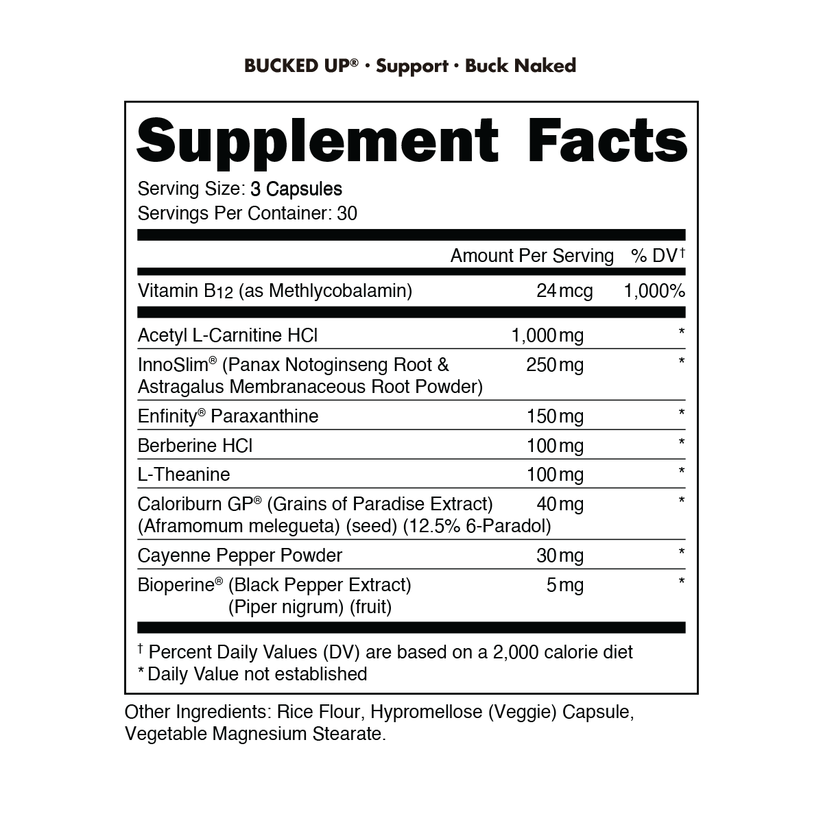 Bucked Up Buck Naked supplement facts showing metabolism and energy support ingredients including Vitamin B12, Acetyl L-Carnitine, InnoSlim, Paraxanthine, Berberine, L-Theanine, CaloriBurn GP, Cayenne Pepper, and BioPerine.