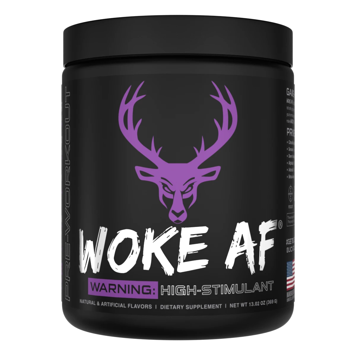 A container of Bucked Up Woke AF Pre-Workout supplement with a black background featuring purple and white text, and images of a deer and grape flavoring. The product is labeled as 'High-Stimulant' and 'Pump, Focus, Energy, Strength'.
