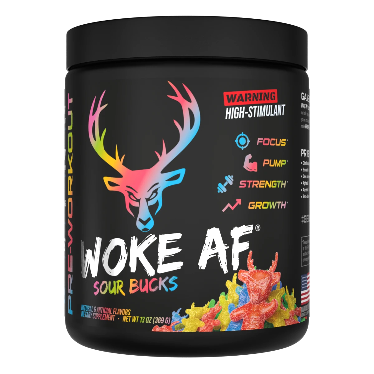 A container of Sour Bucks Flavored Bucked Up Woke AF Pre-Workout supplement with a black background featuring pink and white text, and images of a deer. The product is labeled as 'High-Stimulant' and 'Pump, Focus, Energy, Strength'.