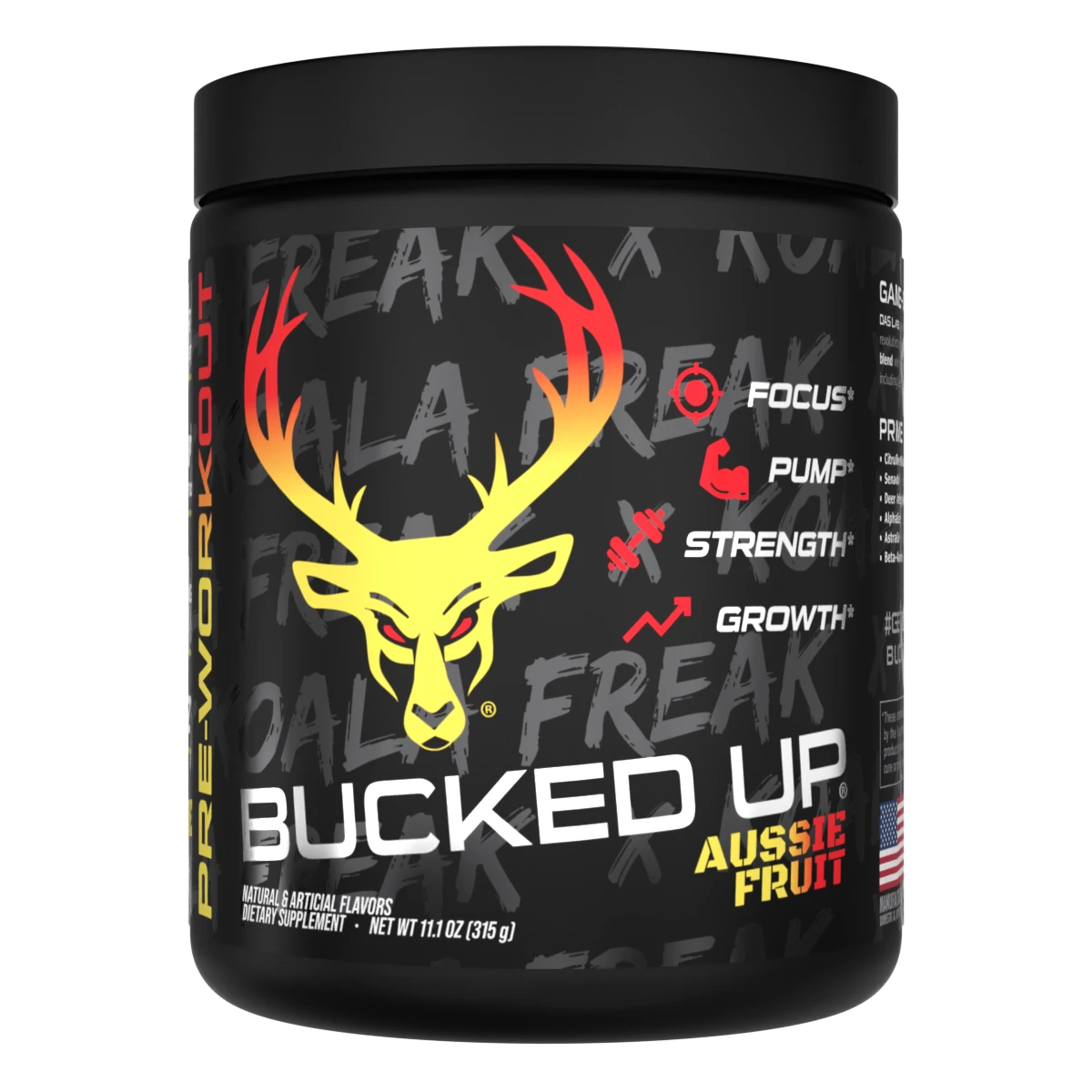 Container of Bucked Up Pre Workout Supplement with a black background featuring a white graphic of a deer head with Aussie fruit and text that reads 'BUCKED UP'.
