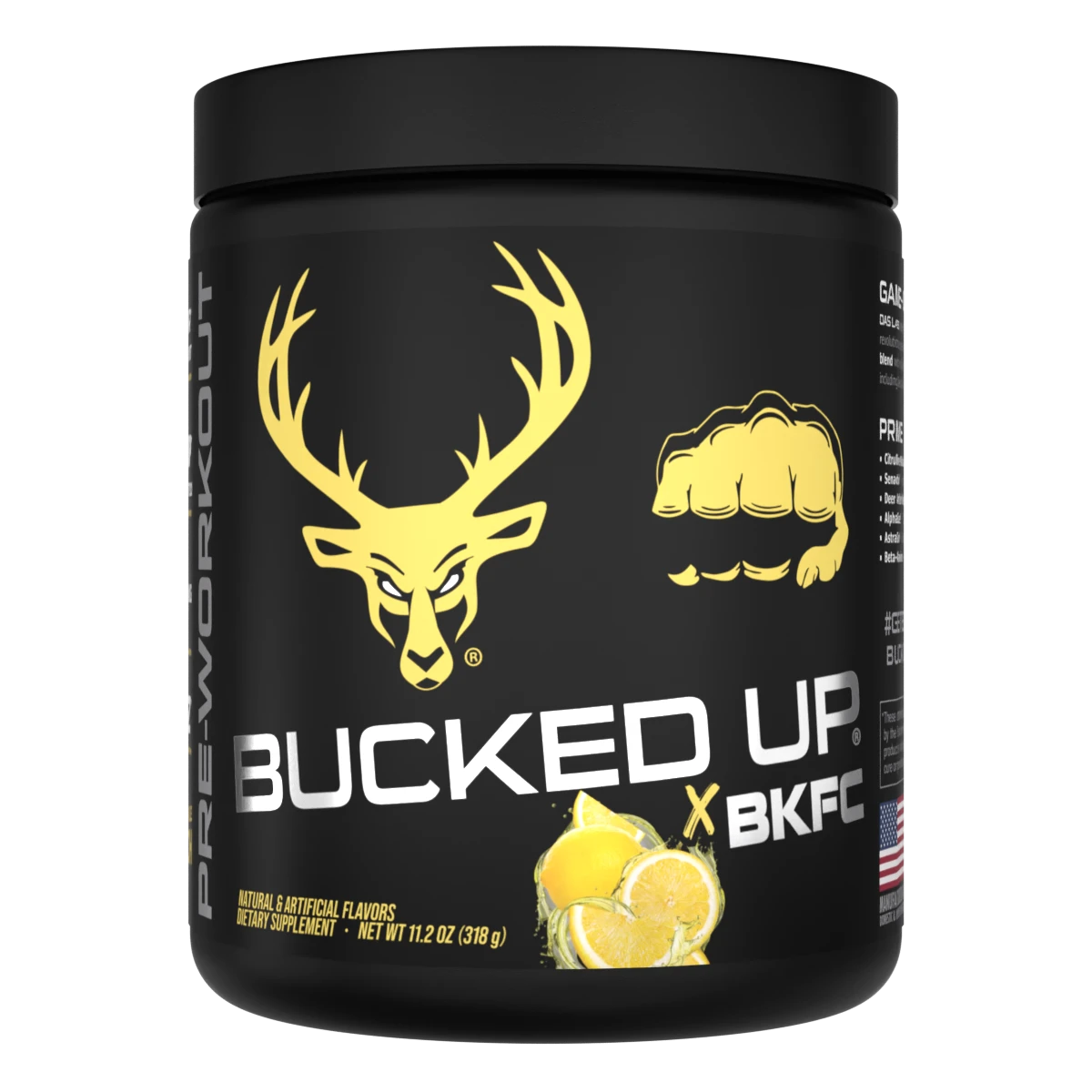 Container of Bucked Up Pre Workout Supplement with a black background featuring a white graphic of a deer head with BKFC lemonade flavor and text that reads 'BUCKED UP'.