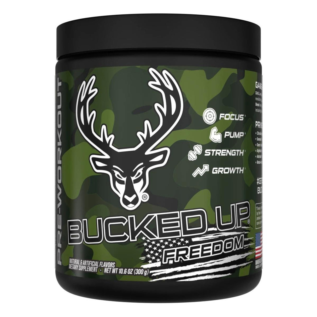 Container of Bucked Up Pre Workout Supplement with a black background featuring a white graphic of a deer head with camo colors for Freedom Grape Flavor and text that reads 'BUCKED UP'.
