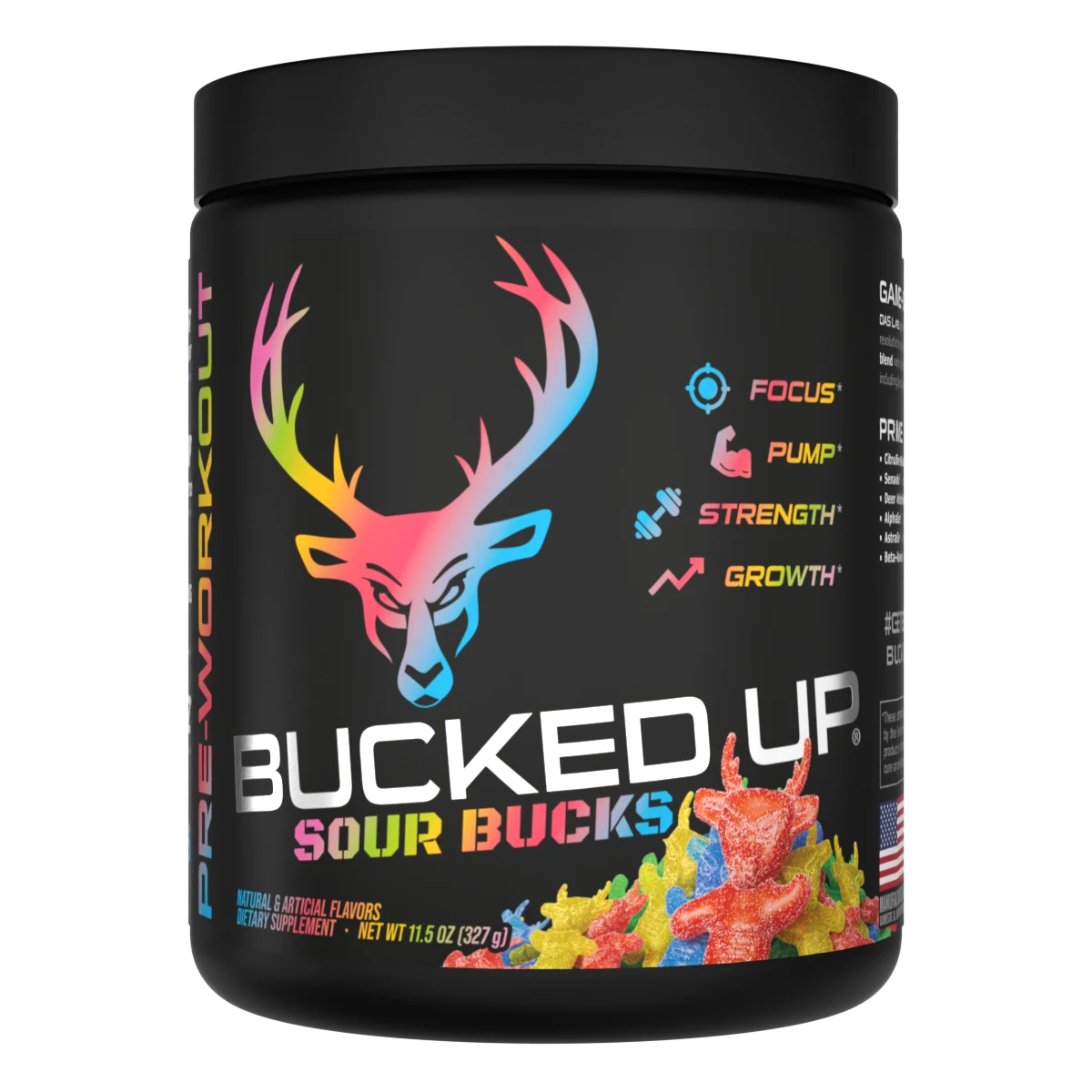 Container of Bucked Up Pre Workout Supplement with a black background featuring a white graphic of a deer head with sour gummy bucks and text that reads 'BUCKED UP'.