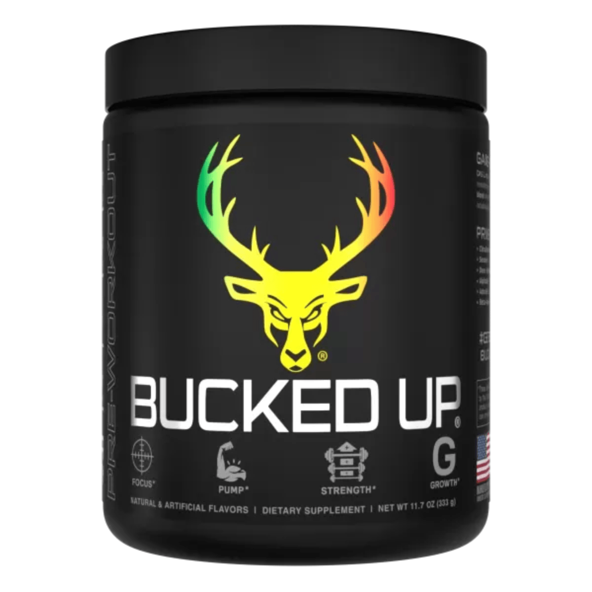 Container of Bucked Up Pre Workout Supplement with a black background featuring a white graphic of a deer head with sour gummy flavor and text that reads 'BUCKED UP'.