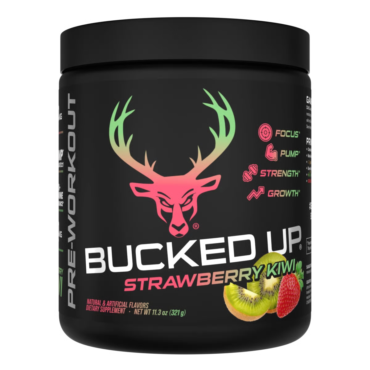Bucked Up Pre-workout supplement container with deer head logo and strawberry kiwi flavor text on a black background