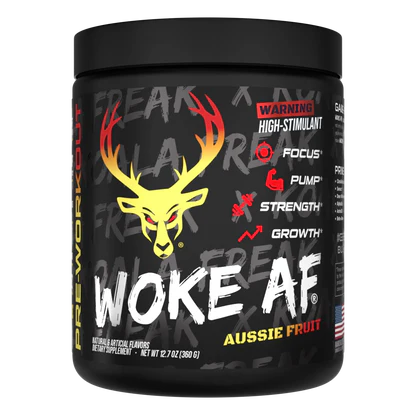Black Bucked Up Woke AF Pre workout Aussie Fruit Flavor supplement container with red and yellow graphics and text on a white background