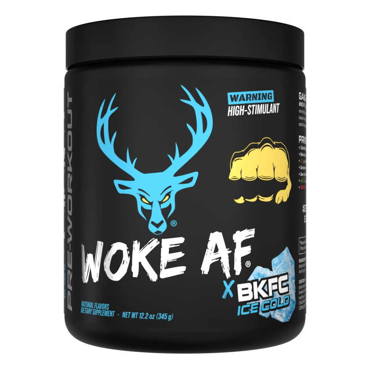 Bucked Up Woke Af Pre workout BKFC Ice Cold Flavor in a Black container with a blue deer logo and text on a white background