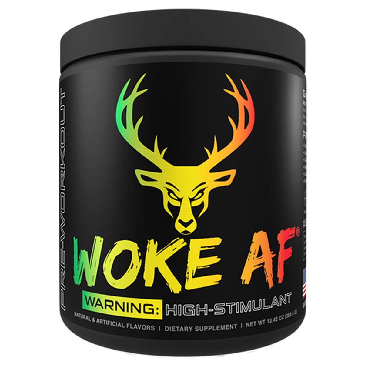 Bucked Up Woke Af pre workout Sour Gummy Flavor in a black container with colorful letting