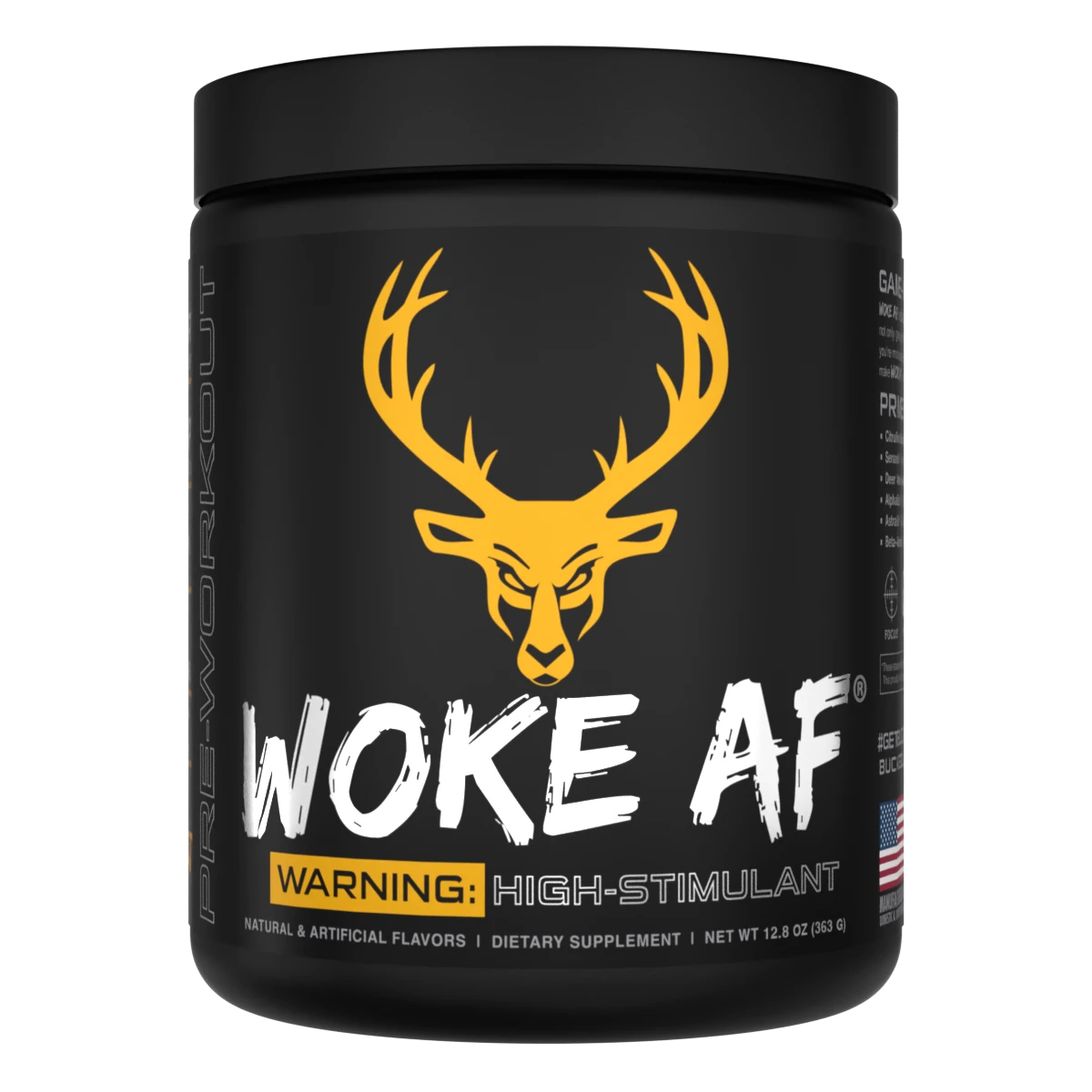 A container of Bucked Up Woke AF Pre-Workout OJ FLAVOR supplement with a black background featuring orange and white text, and images of a deer. The product is labeled as 'High-Stimulant' and 'Pump, Focus, Energy, Strength'.