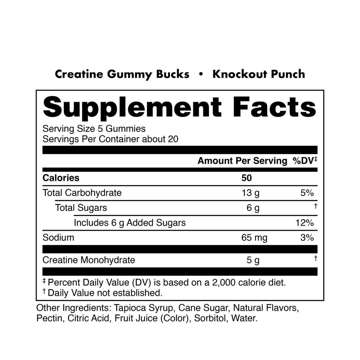 Supplement facts label for Creatine Gummy Bucks in Knockout Punch flavor on a white background.