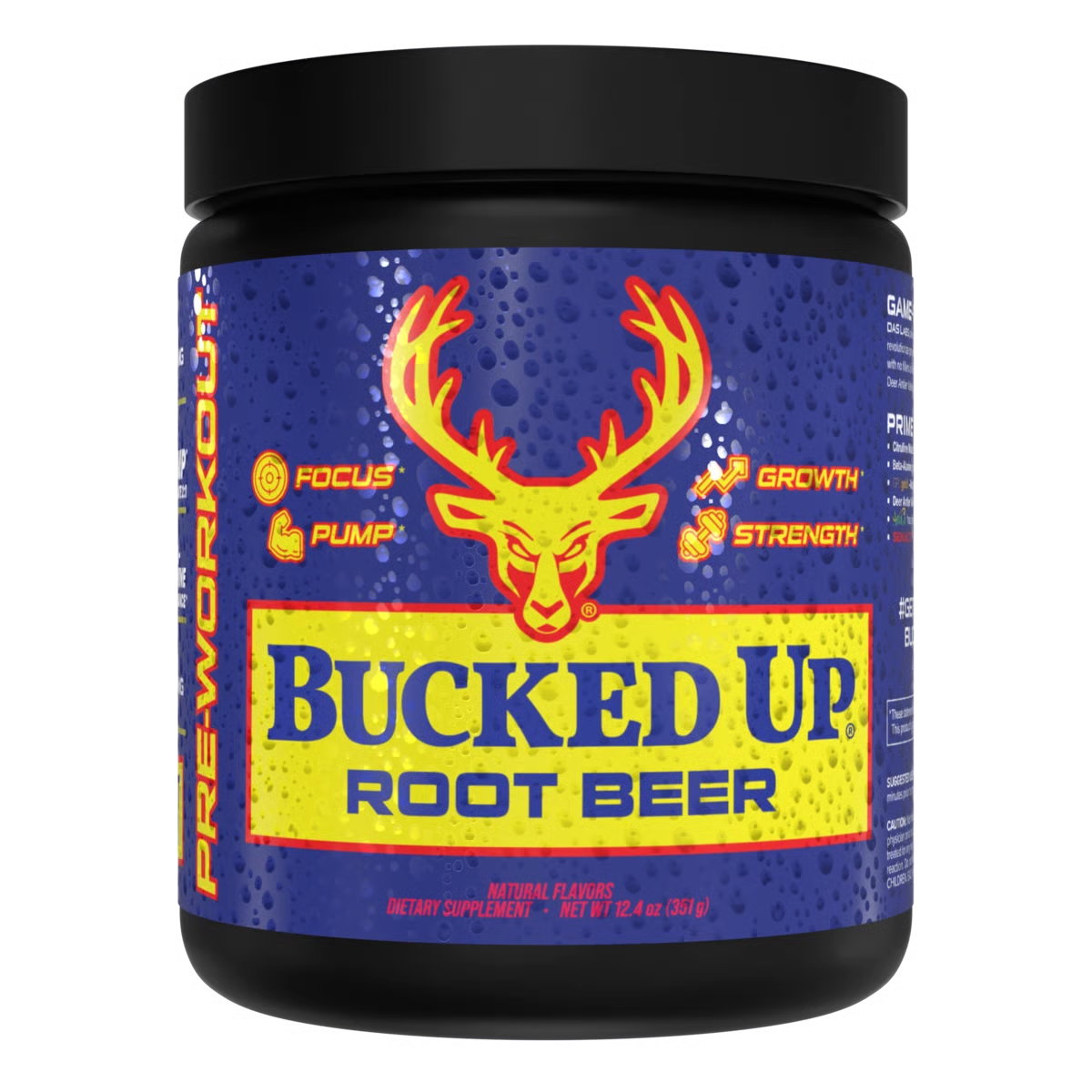 Pre Workout Supplement container labeled 'Bucked Up Root Beer' with a deer logo on a blue background.