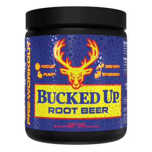 Pre Workout Supplement container labeled 'Bucked Up Root Beer' with a deer logo on a blue background.