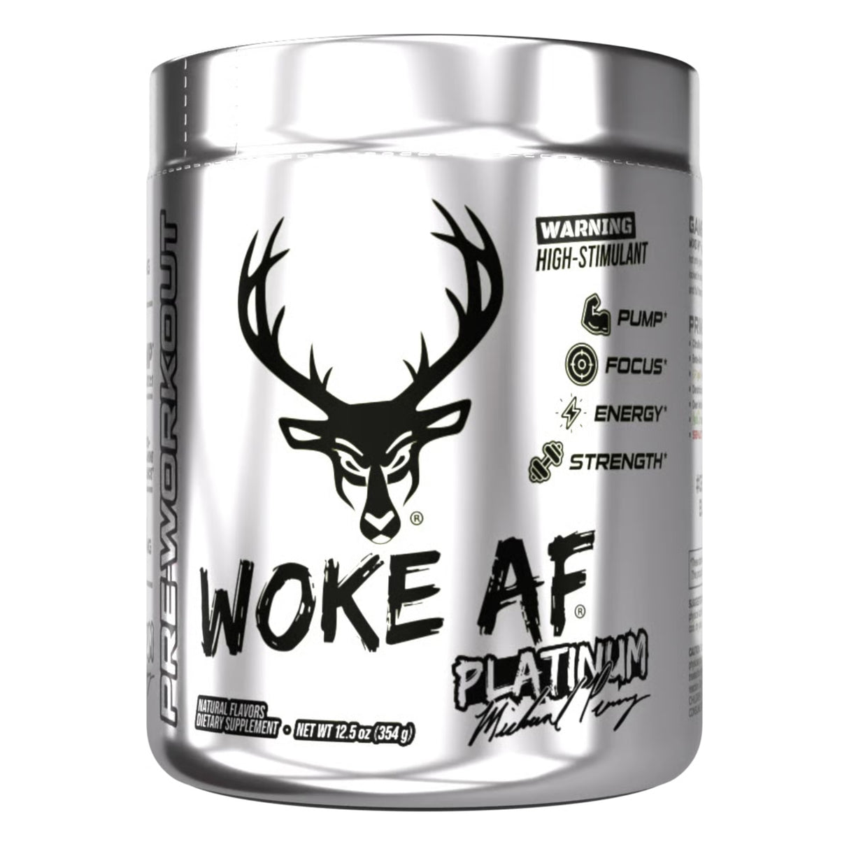 Bucked Up Woke AF Pre workout Supplement container with deer logo